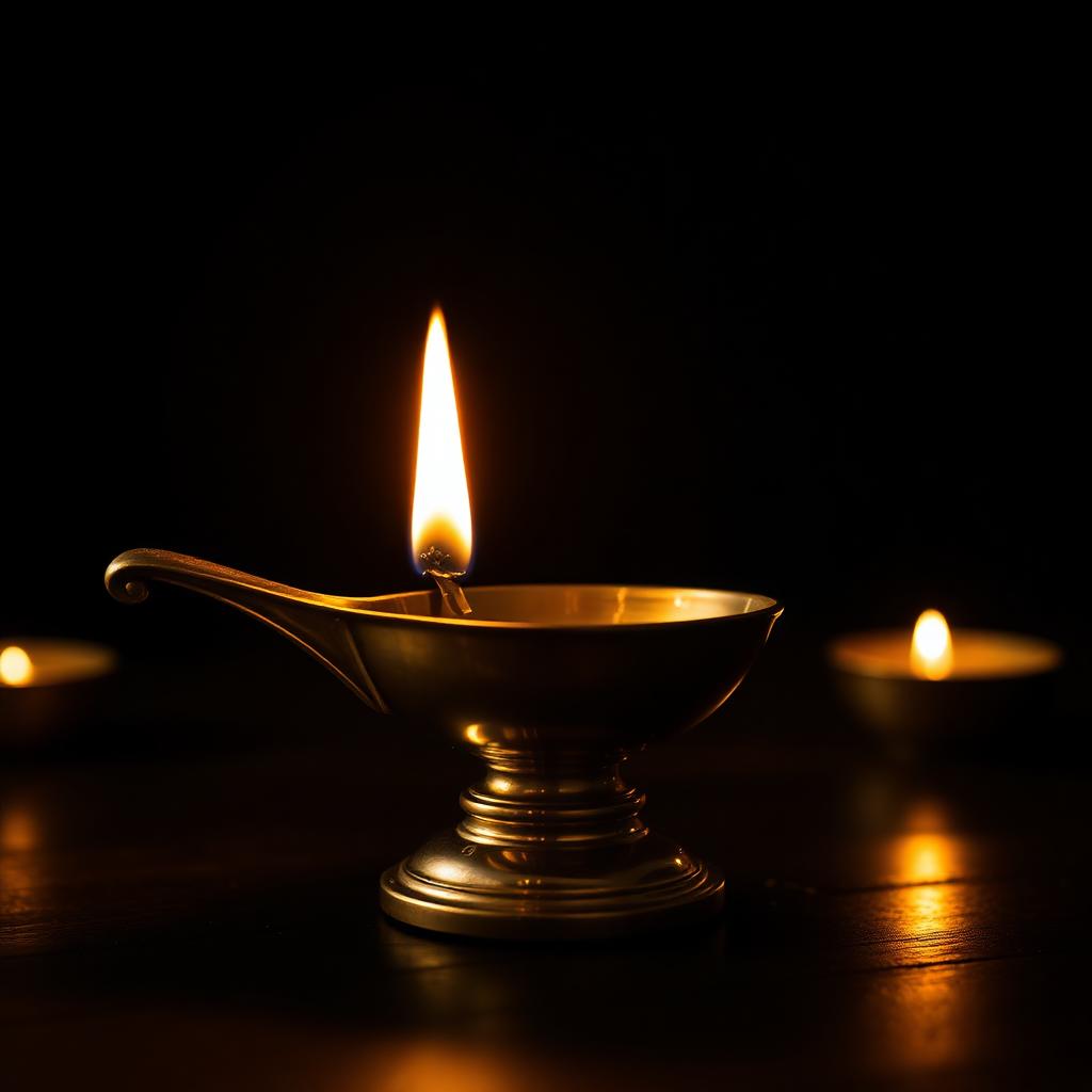 Sacred brass lamp glowing in the dark, symbolising inner light