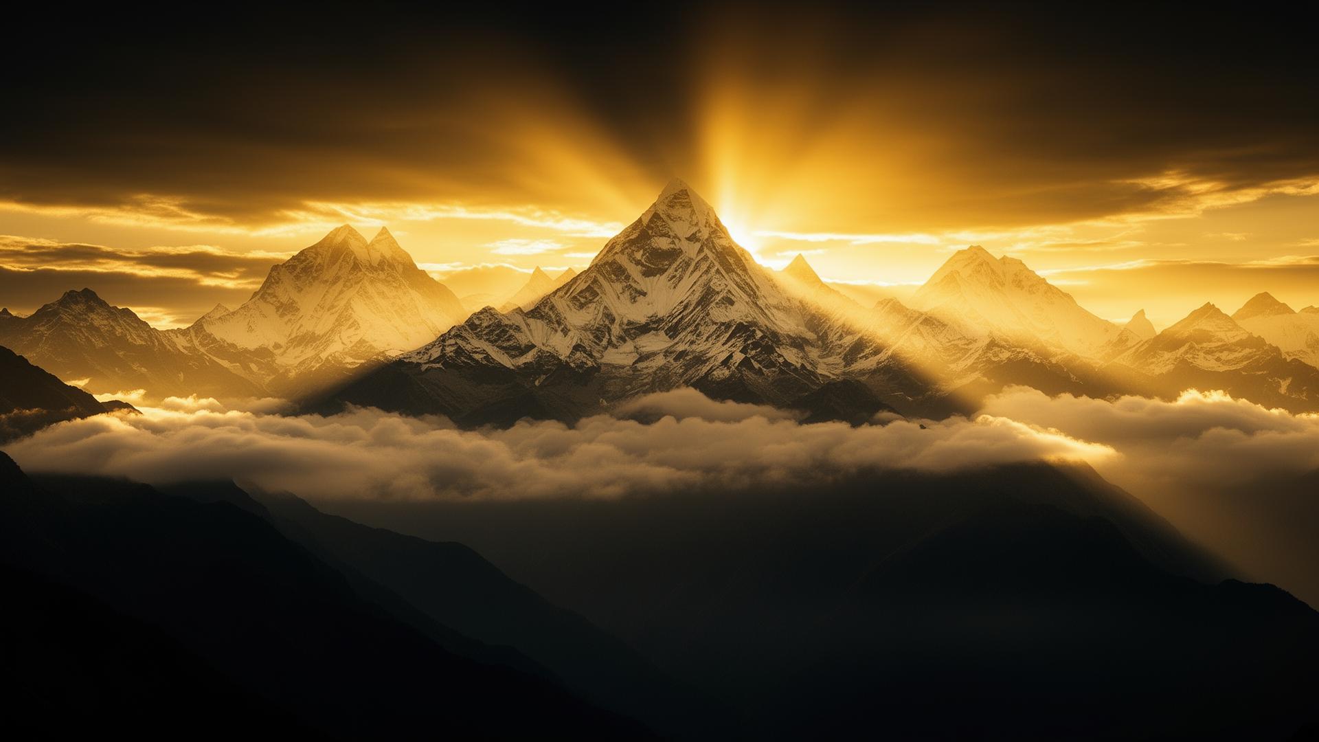 Sacred Himalayan peaks bathed in divine golden light