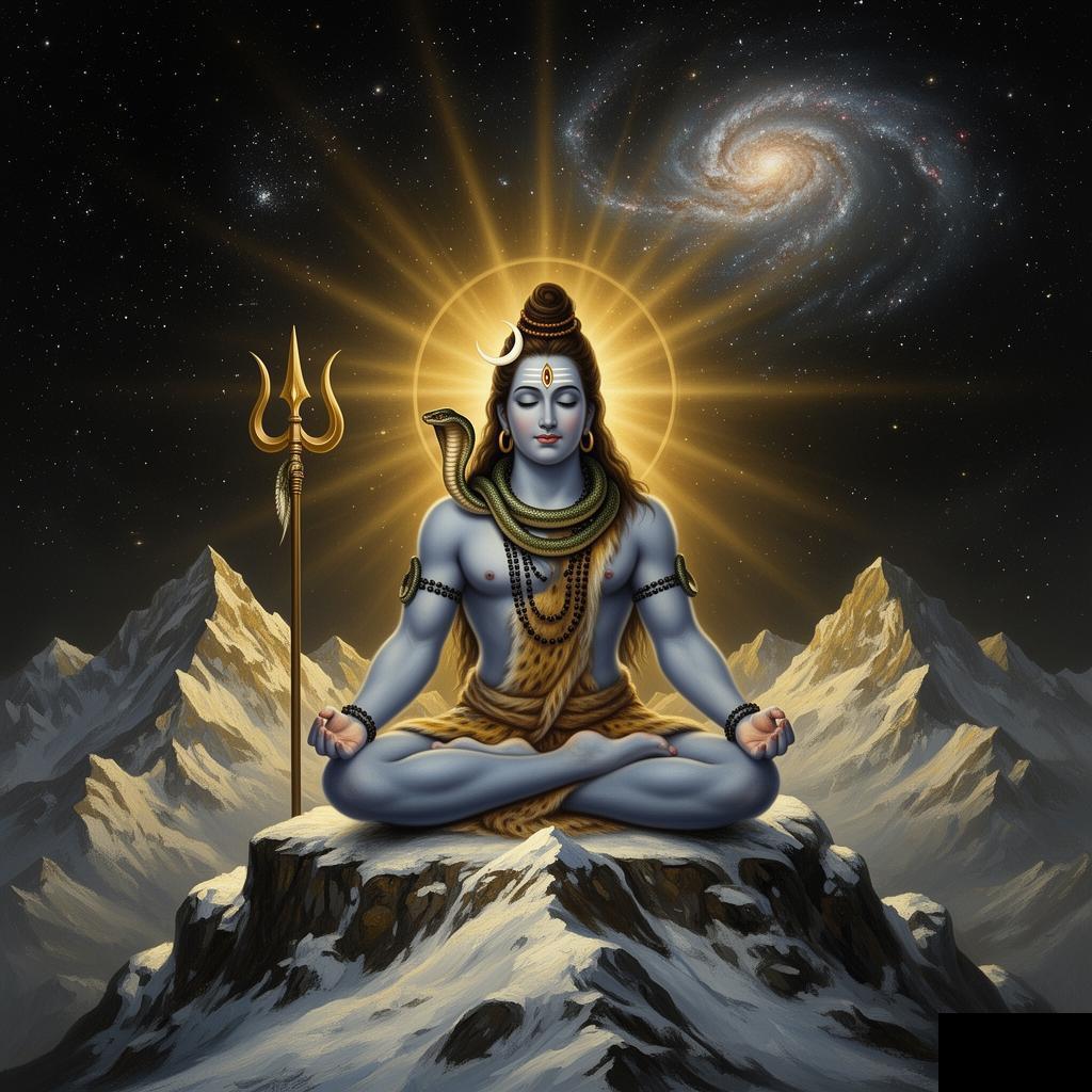 Lord Shiva in deep cosmic meditation, divine golden aura